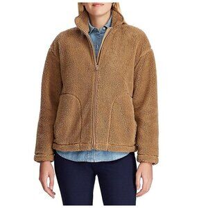 Chaps Faux Shearling Zip-Front Sweater X-large Posh Camel